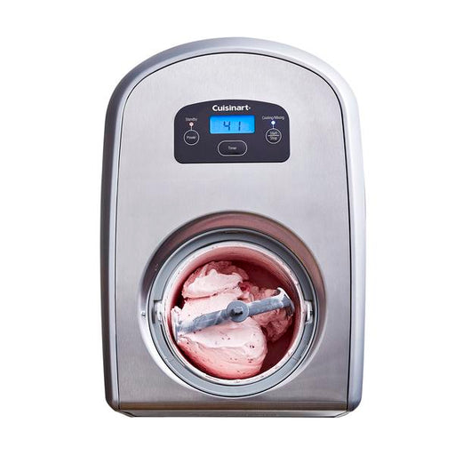 Cuisinart ice cream maker with pink ice cream inside on a white background