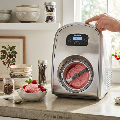 Cuisinart Ice Cream Maker churns pink sorbet on a sunlit counter next to a finished bowl with fresh raspberries.