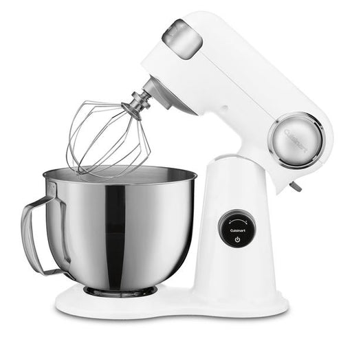 White stand mixer with silver mixing bowl and whisk attachment on a white background