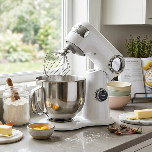 A white Cuisinart Precision Pro Digital Stand Mixer on a granite kitchen countertop surrounded by baking ingredients like flour, eggs, and butter.