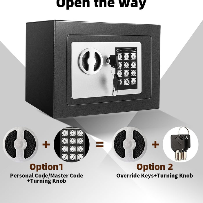 Black safe with digital keypad on a gray background, featuring two security options.