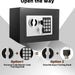Black safe with digital keypad on a gray background, featuring two security options.