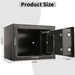 Black safe box with dimensions indicated on a white background