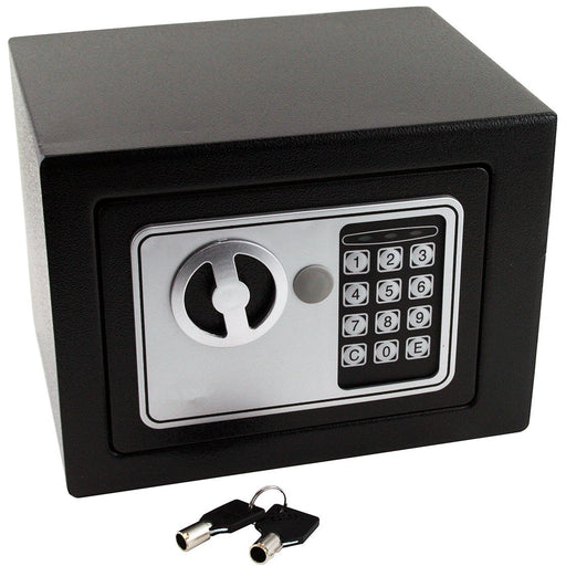 Black safe box with electronic keypad and keys on a white background