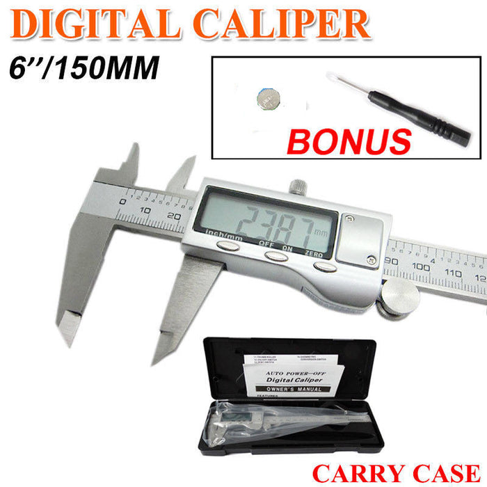 Digital caliper with a bonus item and carry case on a white background