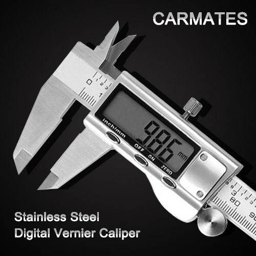 Digital vernier caliper with digital display on a black background, branded 'Carmates'.