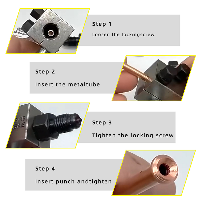 Step-by-step guide on how to use a metal tube tool with images and text labels.