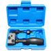 Mechanical tool with black handle and metal components in a blue case on a white background