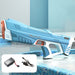 Blue and white water gun with accessories on a pool deck.