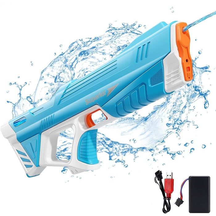Blue water gun with charging cable and battery on a white background