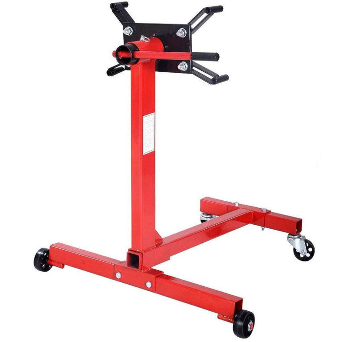 Red engine stand with black accents on a white background