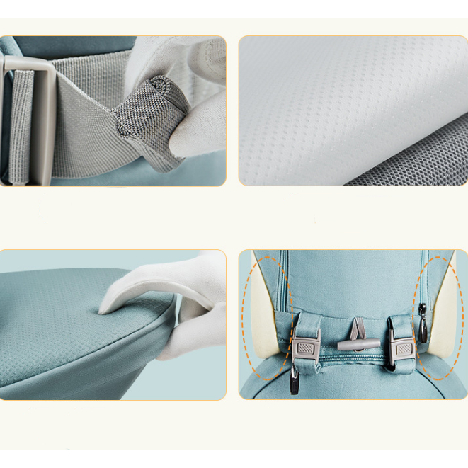Collage of close-up images showing details of a product, including straps and fabric texture.
