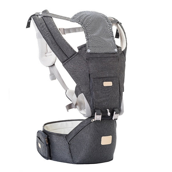 Gray baby carrier with white accents on a white background