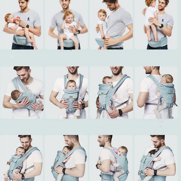 Collage of a man using a baby carrier with a baby in various positions.