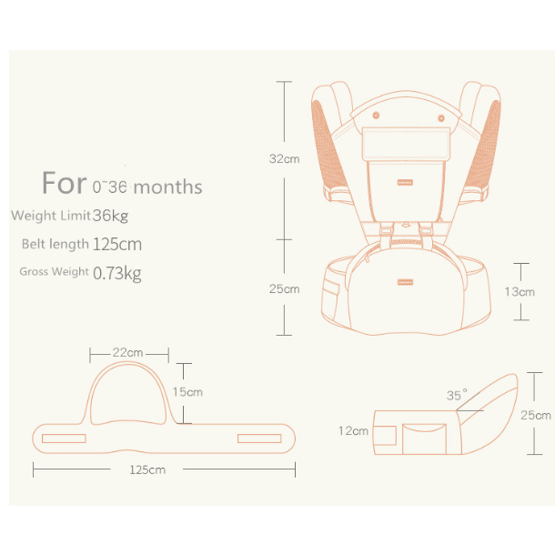 Baby carrier with dimensions and specifications on a white background