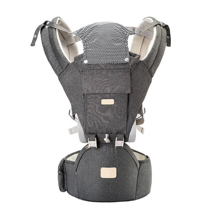 Gray baby carrier with adjustable straps on a white background