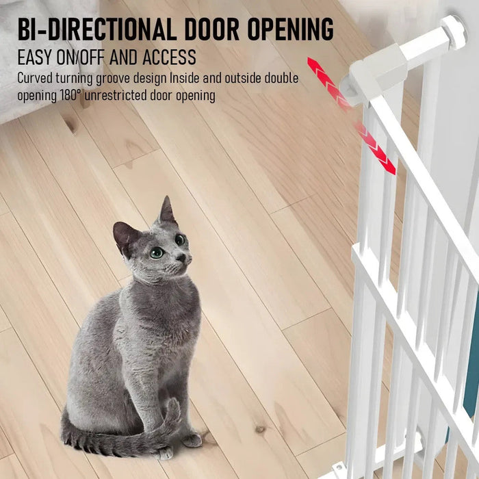 Cat sitting on a wooden floor next to a white pet gate with text about bi-directional door opening.