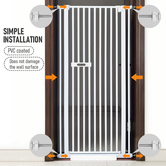 White pet gate with installation instructions on a white background
