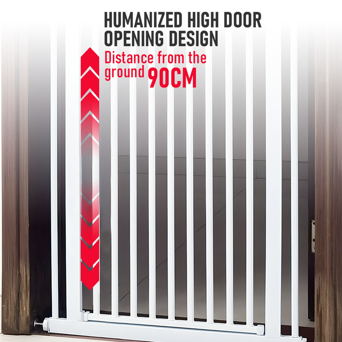 White security gate with red arrow indicating 90CM distance from the ground on a white background