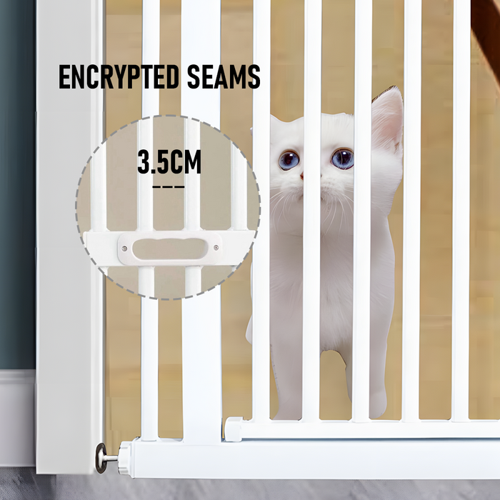White cat peeking through a pet gate with 'Encrypted Seams' text and measurement label.