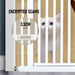 White cat peeking through a pet gate with 'Encrypted Seams' text and measurement label.