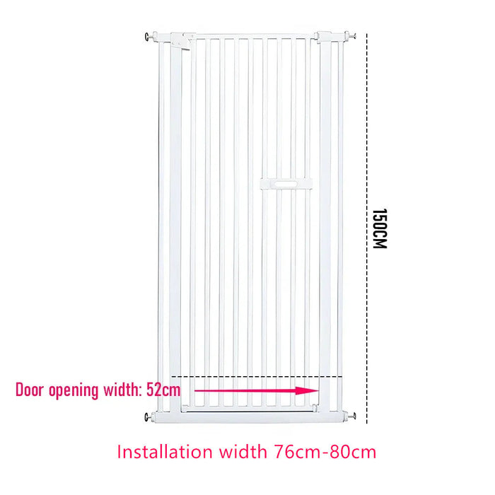 White baby gate with measurements on a white background