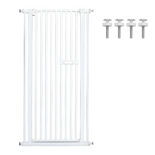 White metal gate with adjustable extensions and mounting hardware on a white background
