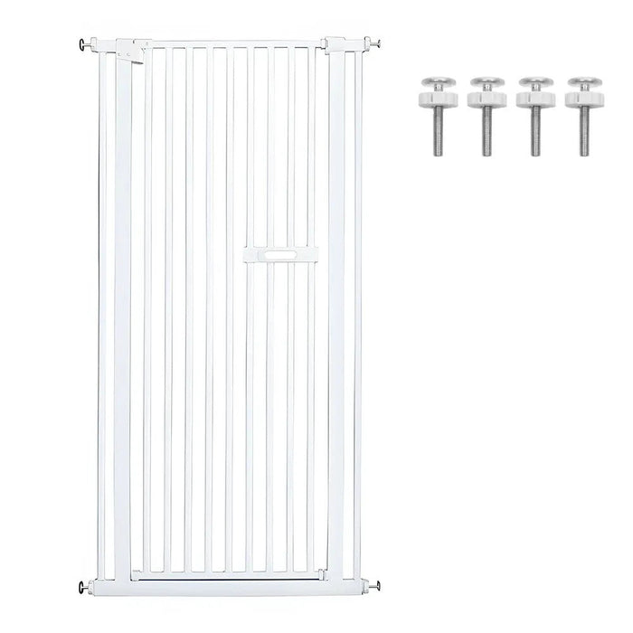 White metal gate with adjustable extensions and mounting hardware on a white background