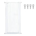 White metal gate with adjustable extensions and mounting hardware on a white background