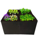 A black fabric modular garden bed with six square compartments filled with soil and planted with green lettuce, purple flowers, and small yellow and white flowers, shown on a plain white background.
