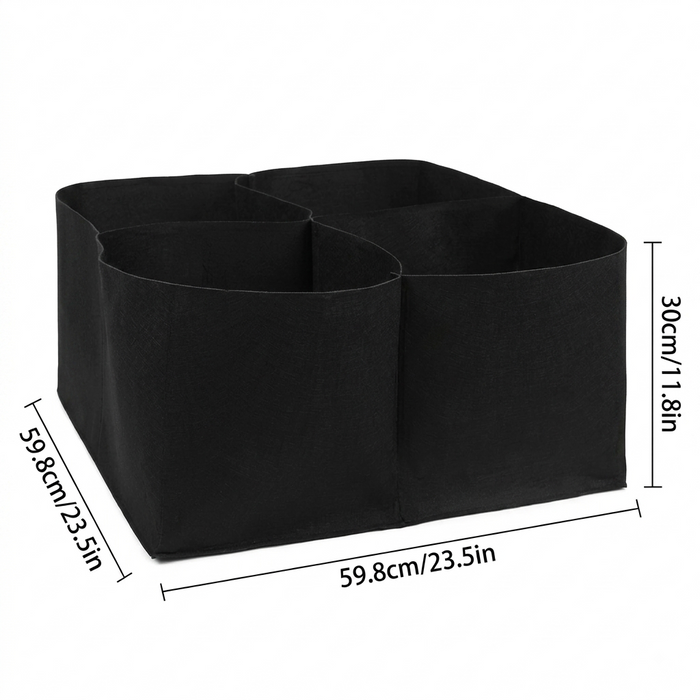 Black fabric three-compartment organizer box with overlaid dimension lines and measurements showing 59.8cm by 30cm on a white background.