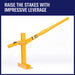 Yellow lever with text 'Raise the stakes with impressive leverage' on a blue and white background
