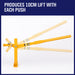 Yellow mechanical device with wooden handles on a white background, labeled 'PRODUCES 10CM LIFT WITH EACH PUSH'.