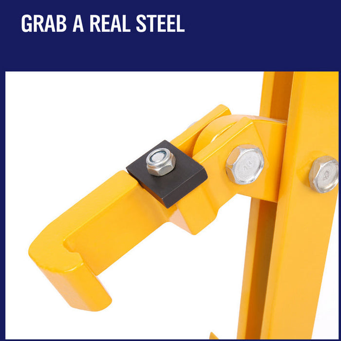 Yellow metal tool with bolts and a blue background with text 'GRAB A REAL STEEL'.
