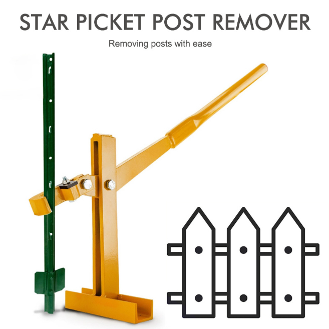 Star picket post remover with a green fence post and yellow tool on a white background.