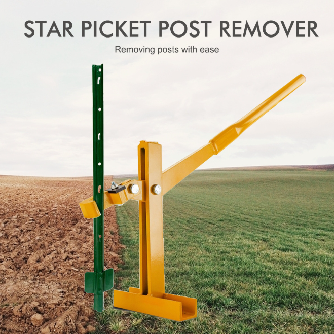 Star picket post remover with a green and yellow tool against a field background