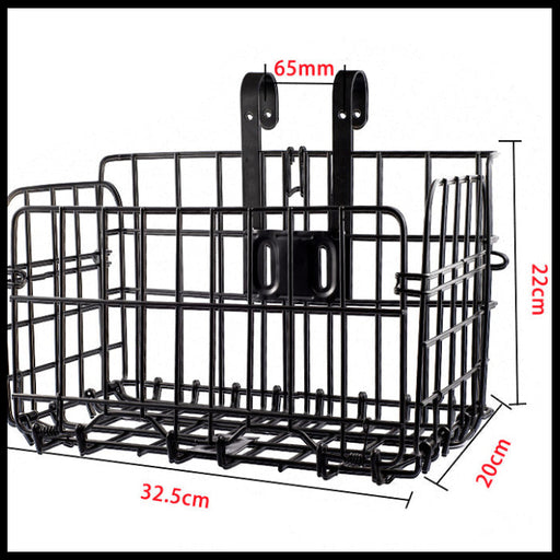 Black metal bike basket with dimensions indicated on a white background