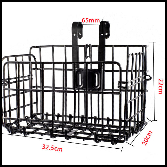 Black metal bike basket with dimensions indicated on a white background