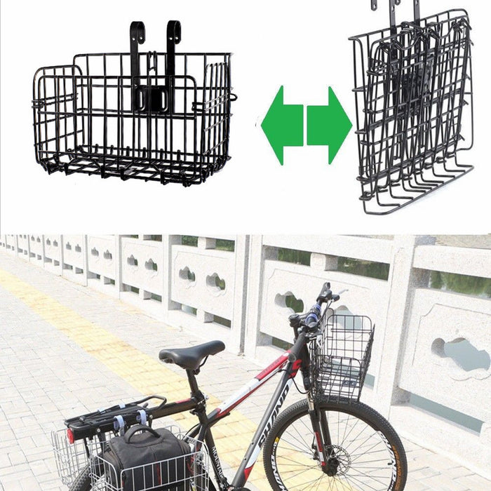Bicycle with a rear-mounted basket and an additional basket attached to it on a sidewalk.