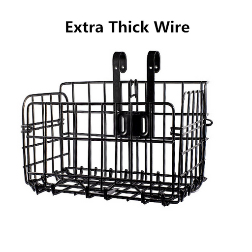 Black wire bike basket with thick wire on a white background