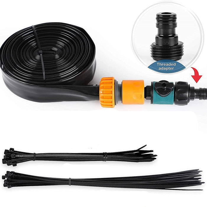 sprinkler system with black tubing, connectors, and a threaded adapter on a white background.