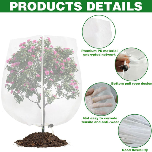 Tree with a protective plastic cover, showing features like premium PE material and bottom pull rope design.