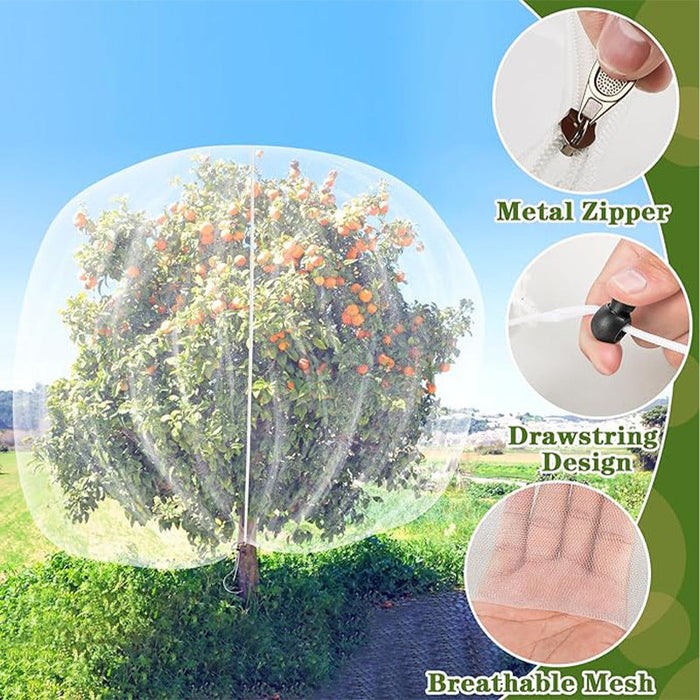 Garden protection net with metal zipper, drawstring design, and breathable mesh features.