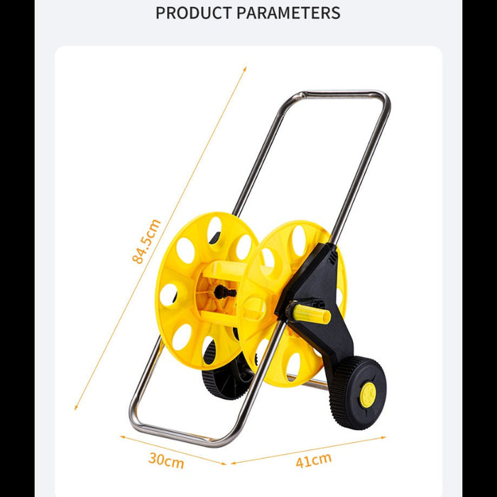 Yellow hose reel with dimensions indicated on a white background