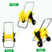 Yellow hose reel with metal stand shown from side, front, and back on a white background.