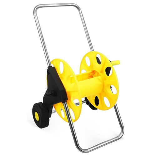 Yellow garden hose reel with black handle on a white background