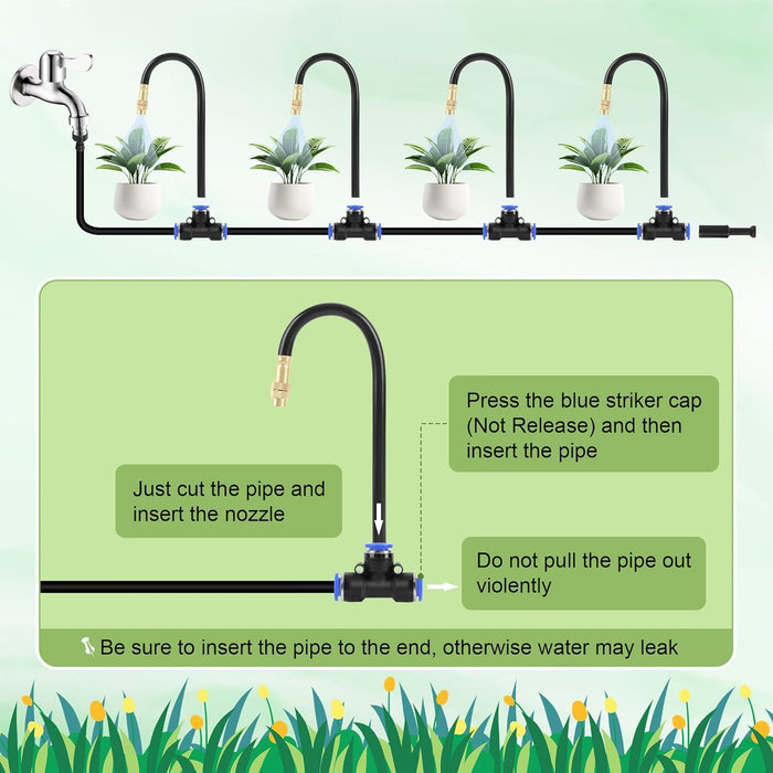 Garden irrigation system with plants and instructions on a green background