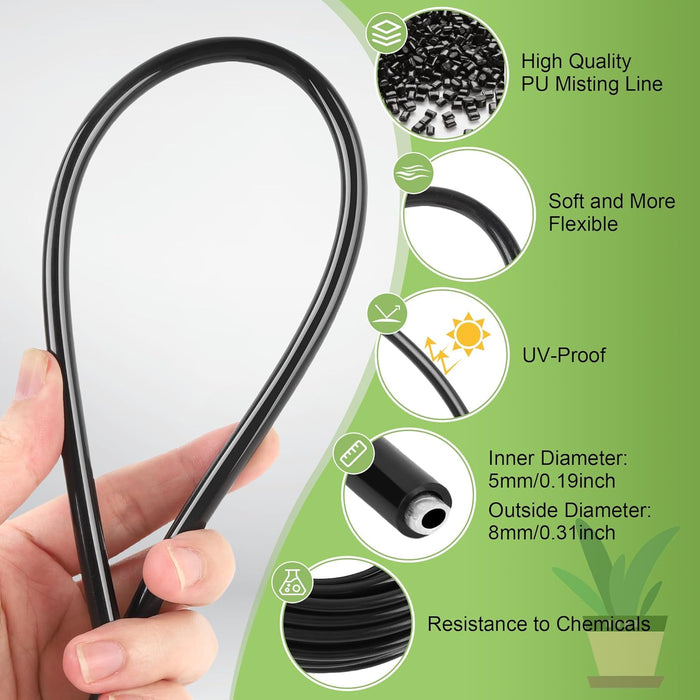 Black PU misting line held by a hand with product features on a green background