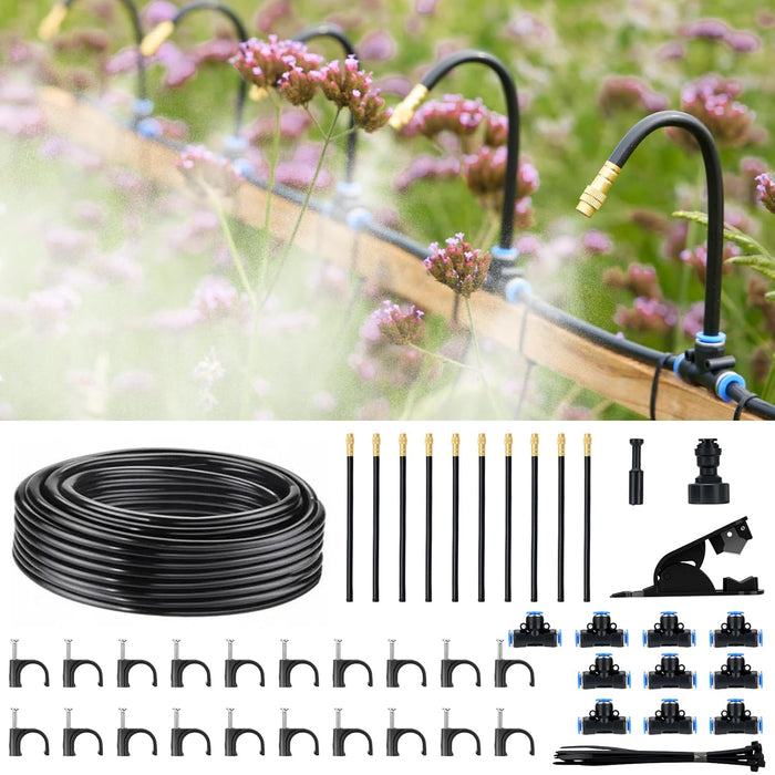 Garden irrigation system with hose, nozzles, and connectors against a blurred garden background.