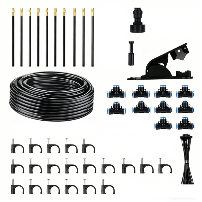 Collection of garden irrigation components including hoses, nozzles, and connectors on a white background.
